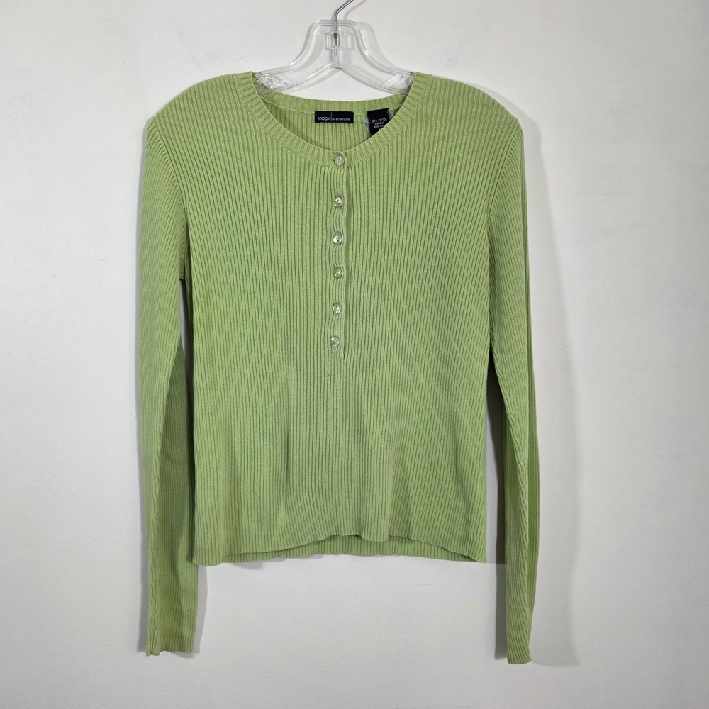 Moda International Women Shirt Ribbed Knit Henley Button Front Lime Green Size M